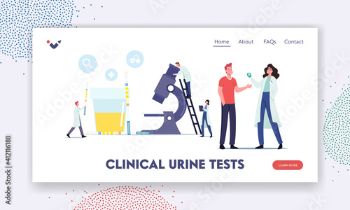 Male Character Give Urine Test in Clinical Laboratory Landing Page Template. Tiny Doctors at Huge Microscope