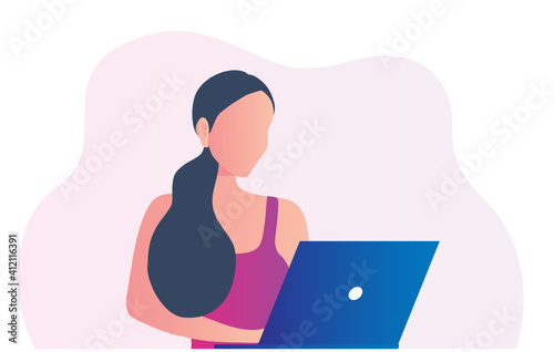 Happy woman working on laptop.  vector illustration. Working from home, workplace, remote work and freelancer concept