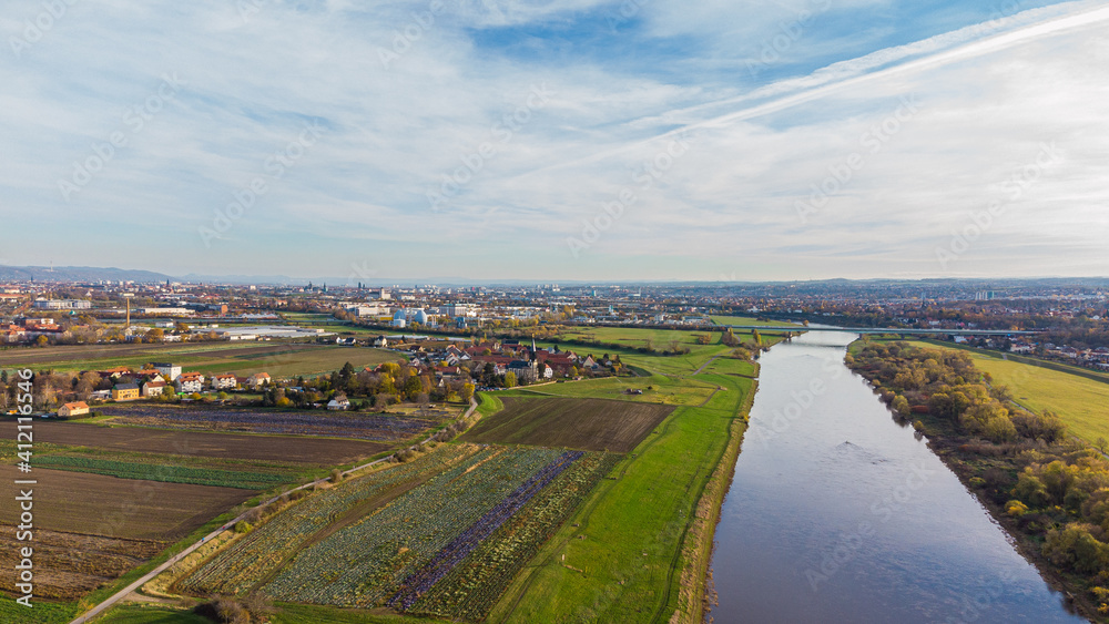 Fototapeta premium Airview Elbe river in Serkowitz near Dresden