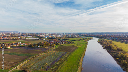 Airview Elbe river in Serkowitz near Dresden