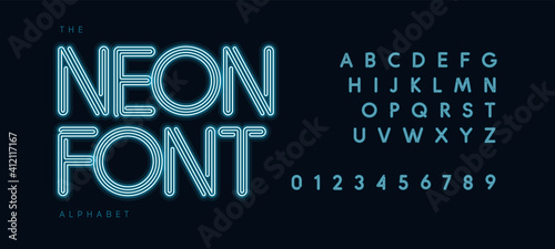Blue neon tube alphabet. Led contour font, electric light type for modern futuristic logo, headline, monogram, lettering and typography. Fluorescent style letters, vector typographic design