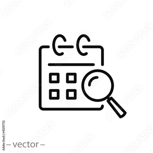 looking date icon, schedule planning, magnifier with calendar, day search, thin line web symbol on white background - editable stroke vector illustration