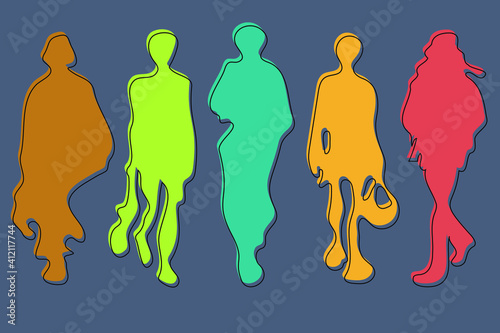 Five abstract figures of females in flat and minimal style. Cartoon faceless characters in simple and multicolored representation. Cute poster. Fictional fashion models posing in different clothes.  