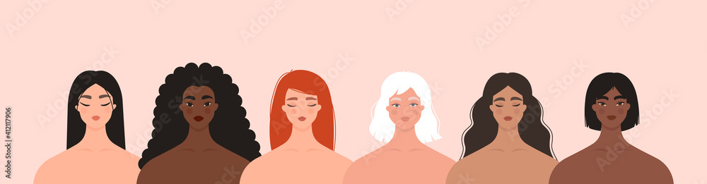 Women diversity concept. Group of multiethnic female characters. Portraits of caucasian, asian, black girls standing together. International Women’s Day, 8 March, feminism. Isolated flat vector