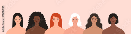 Women diversity concept. Group of multiethnic female characters. Portraits of caucasian, asian, black girls standing together. International Women’s Day, 8 March, feminism. Isolated flat vector