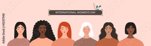 International Women’s Day, 8 March. Women diversity concept. Group of multiethnic female characters. Portraits of caucasian, asian, black, latina girls standing together. Isolated vector banner