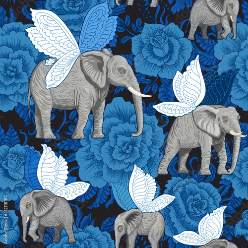 Fairy tale Seamless pattern from flying elephants with butterfly wings, decorative dark blue rose flowers on a black background. Wallpaper, batik, boho textile print, chintz, animal illustration