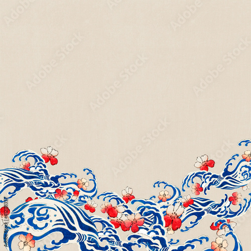Japanese wave with sakura vector border , remix of artwork by Watanabe Seitei
