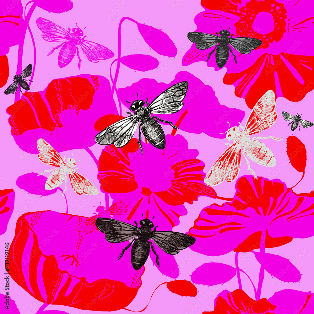 seamless pattern with flowers and bees seamless pattern with flowers and bees