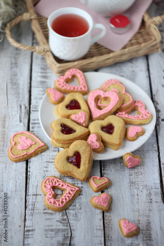 heart shaped cookies with tea