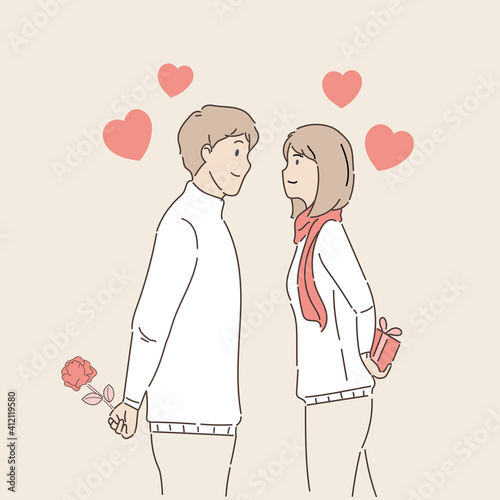 Couple surprise valentines day gift. Valentine's day concept. Hand draw style. Vector illustration.
