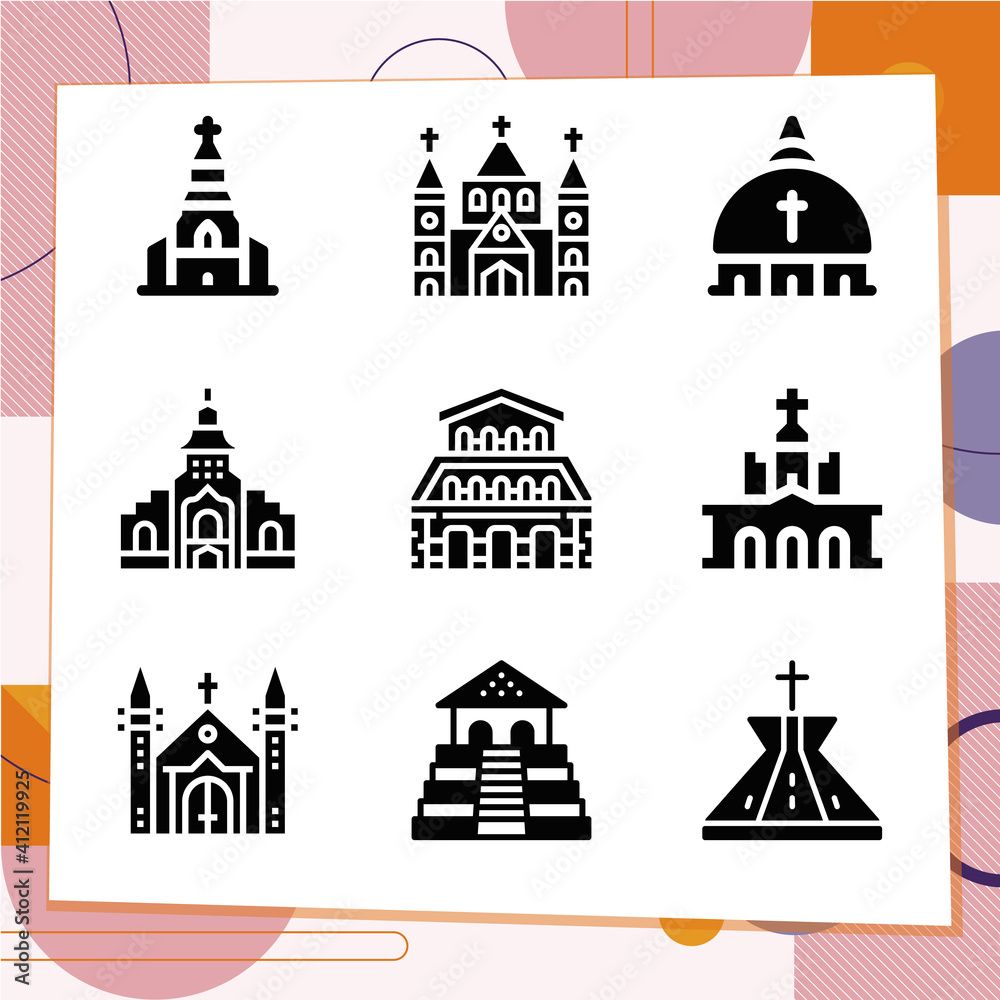 Simple set of 9 icons related to cathedral