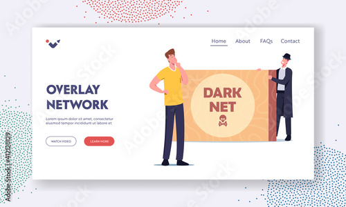 Dark Net Overlay Cyberspace Network Landing Page Template. Criminal in Black Cloak and Hat Offer Forbidden Content