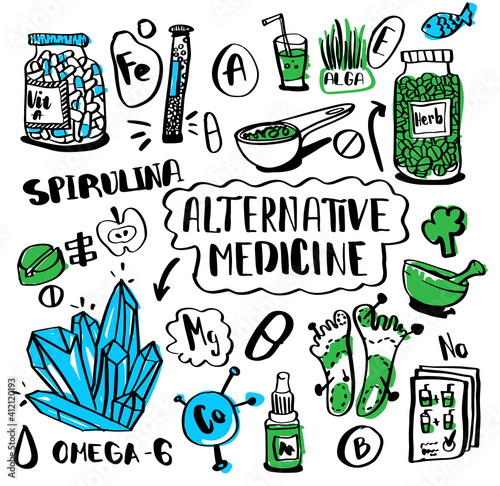 Alternative medicine doodle set. Sketch collection nutrition and biologically active additives. Homeopathy and vitamins, super food, acupuncture und diets. Hand drawn medical treatment elements.
