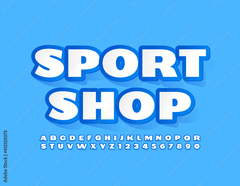 Vector bright logo Sport Shop. Sticker style Font. Creative Alphabet Letters and Numbers Vector bright logo Sport Shop. Sticker style Font. Creative Alphabet Letters and Numbers