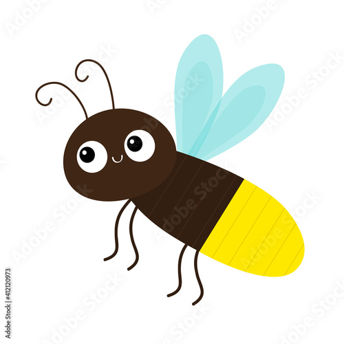 Cute firefly beetle bug. Insect animal. Cartoon kawaii funny smiling baby character. Brown color. Shining yellow light bulb. Education cards for kids. White background. Flat design.