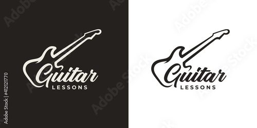 Guitar lessons logo. Music shop brand icon. Guitarist musician symbol. Musical instrument sign. Vector illustration.