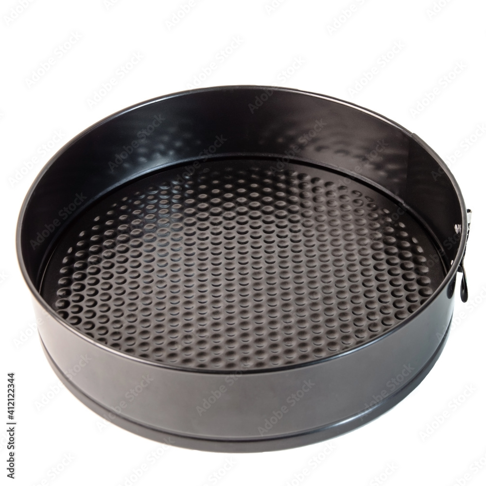 Black Folding Round Metal Baking Dish New Insulated On White Background Black Folding Round Metal Baking Dish New Insulated On White Background