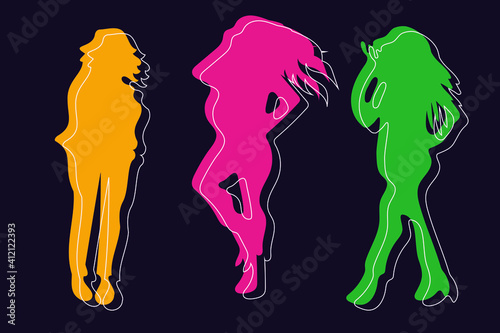 Three abstract figures of females in flat and minimal style. Cartoon faceless characters in simple and colorful representation. Cute poster. Fictional disco dancers posing in different clothes.  