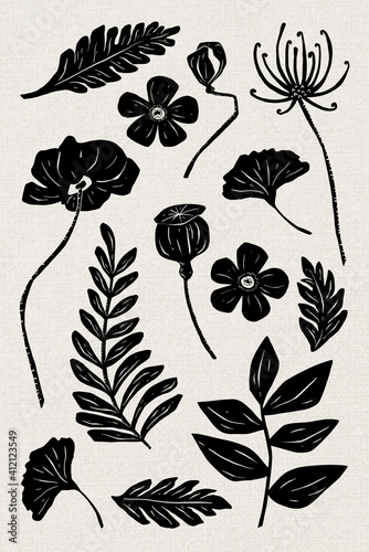Black flowers psd linocut hand drawn botanical set photo