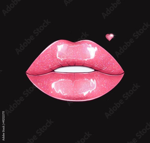 Glossy pink lips with heart . Hand drawn illustration isolated on black background. Good for card, print, logo, avatar, design for Valentine’s Day and Women’s day.