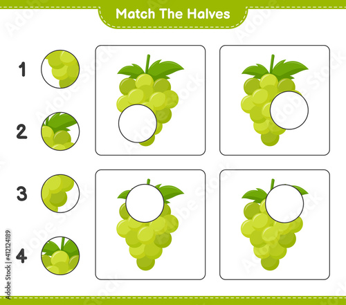Match the halves. Match halves of Grape. Educational children game, printable worksheet, vector illustration