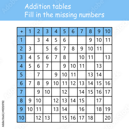 Addition tables. Fill in the missing numbers. Logic game. Poster for kids education. Maths child poster. School vector illustration with colorful cubes on light background.
