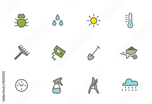 Agriculture and gardener. Set of icons. Horticulturist plant growing and care. How to grow. Sowing seeds. Light water and temperature. Vector flat.