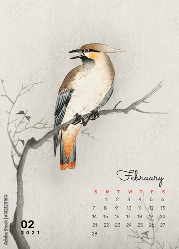 Calendar 2021 February printable template vector remix from Ohara Koson photo