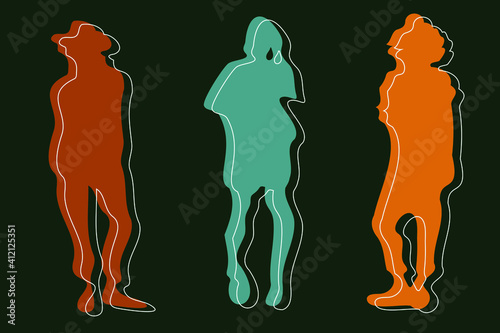 Abstract figures of females in flat and minimal style. Cartoon faceless characters in simple and colorful representation. Cute poster. Fictional fashion models posing in different clothes.  