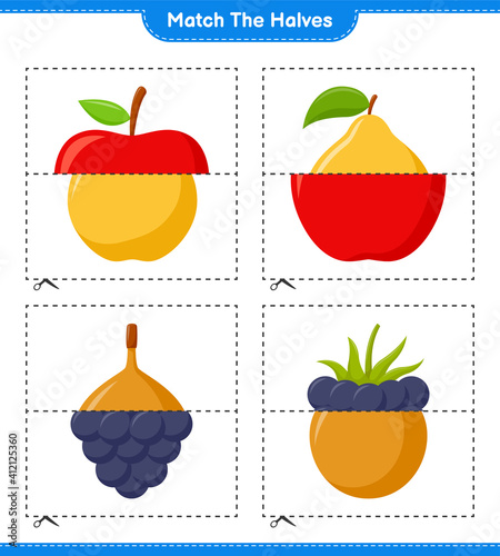 Match the halves. Match halves of Fruits. Educational children game  printable worksheet  vector illustration