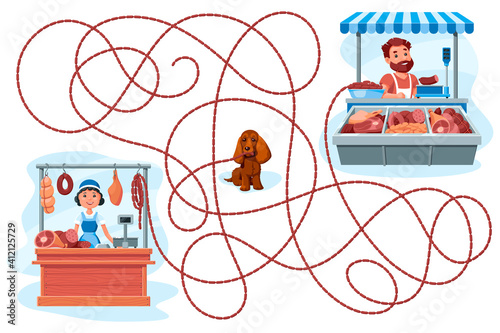 A dog stole sausages from a butcher shop. Guess which seller she got the sausages from? Children's game picture riddle on a white background.