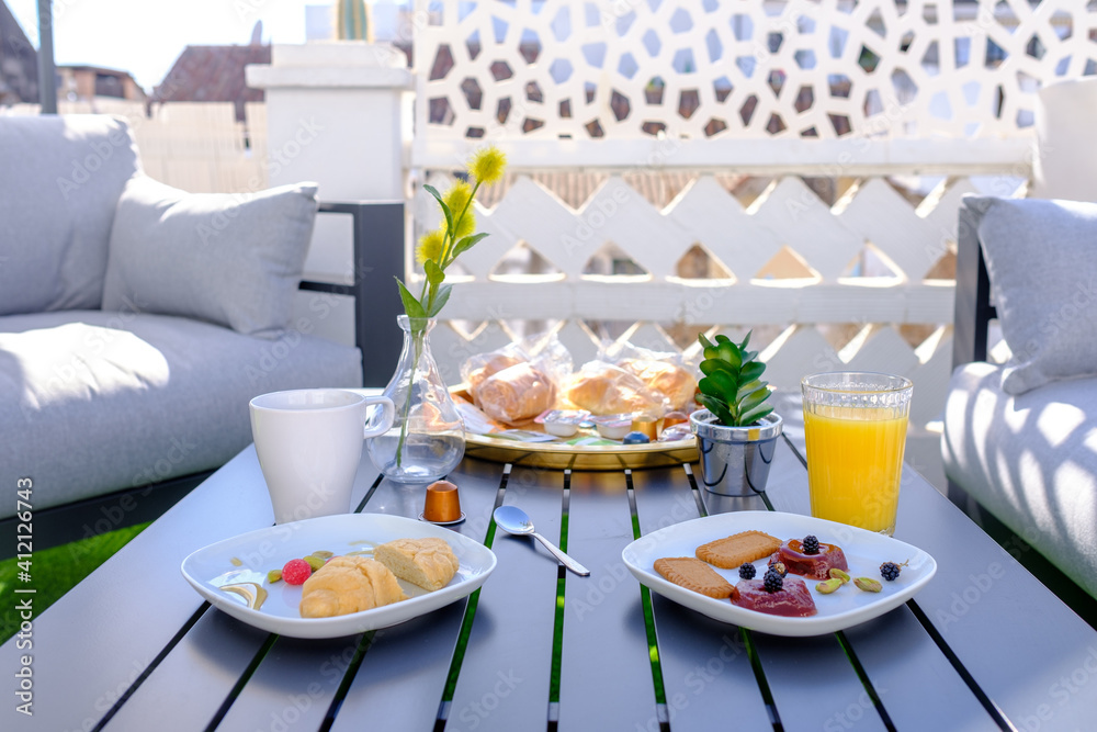 Art style breakfast food table croissant fresh bread cheese fresh fruit