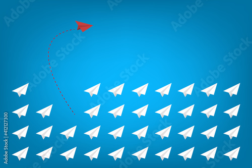 Think differently concept. Red airplane changing direction. Vector illustration	