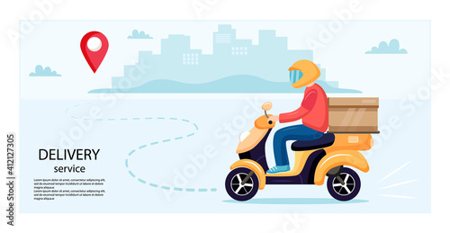 Delivery service concept. Scooter delivery. Delivery service with scooter motorcycle and cardboard boxes on city background. Vector illustration in flat style
