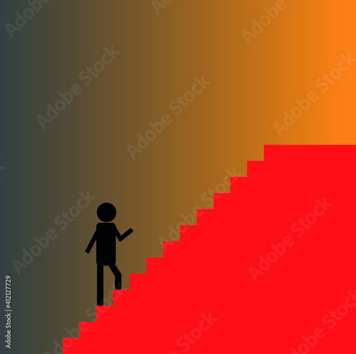 a silhouette of a black man climbing a red staircase on a gradient background. corrier ladder
