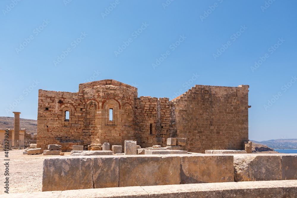 The ruins of the ancient city of Lindos on the island of Rhodes Greece. Sightseeing tour.