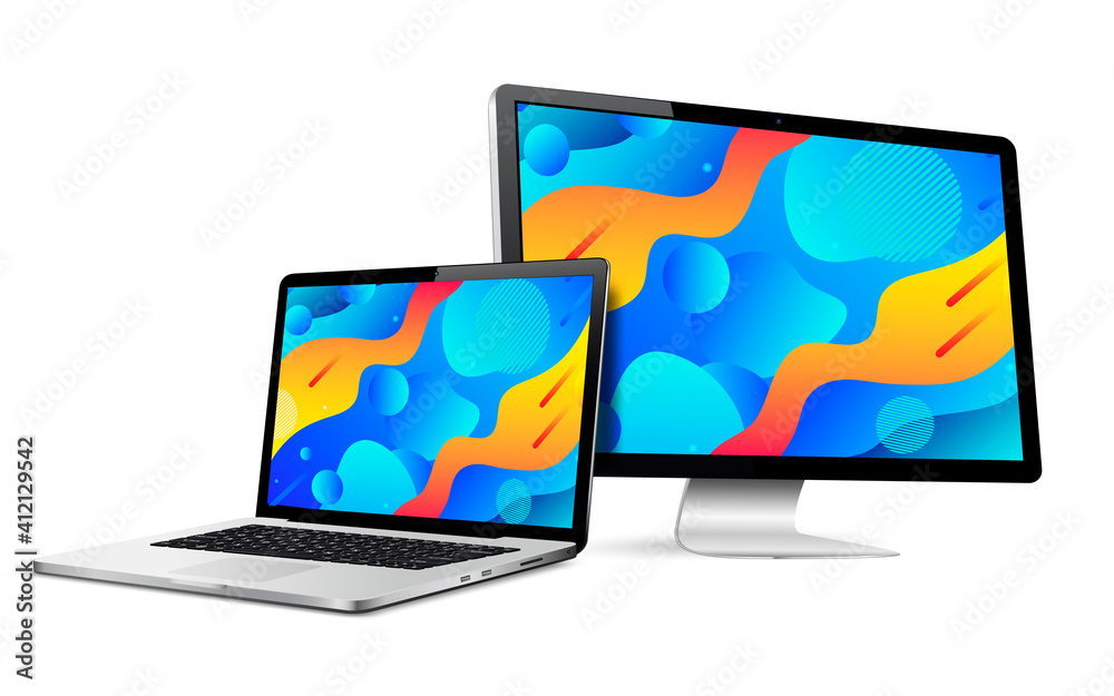 Responsive web design computer display with laptop isolated. Abstract geometric background on devices screen. Responsive web design computer display with laptop isolated. Abstract geometric background on devices screen.