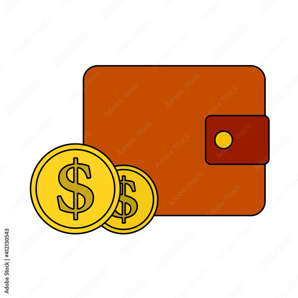 Two Golden Coins In Front Of Purse Icon Two Golden Coins In Front Of Purse Icon