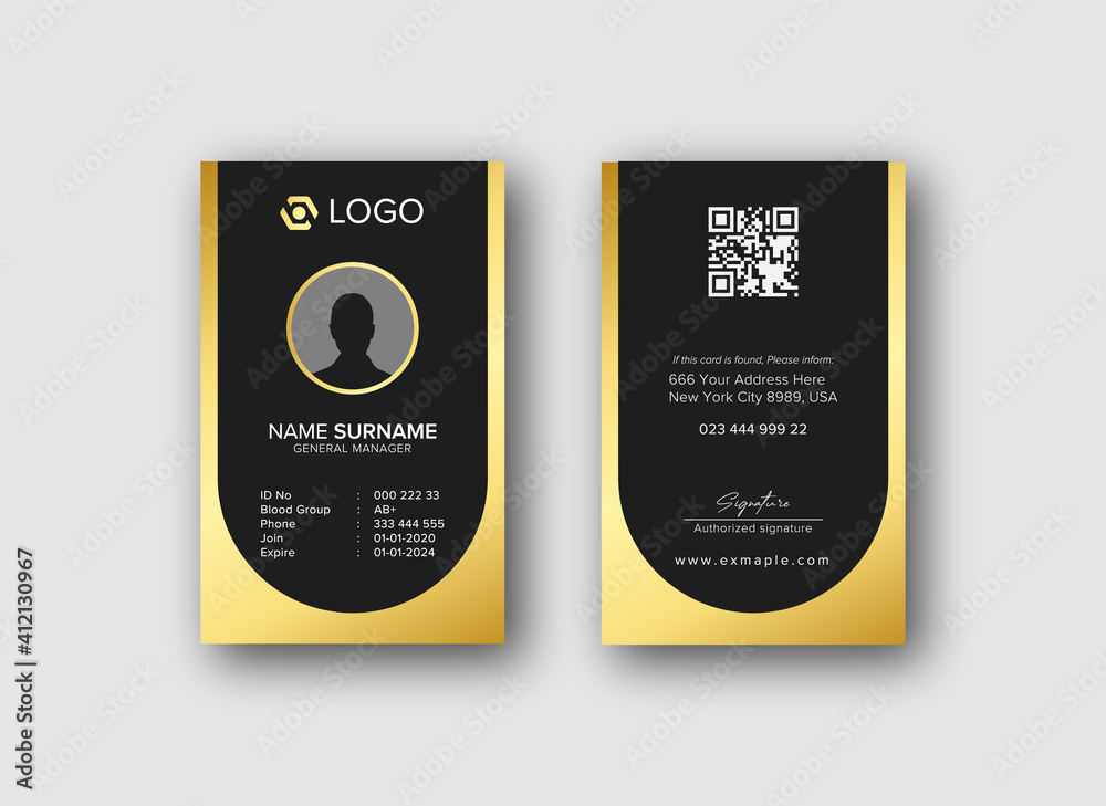 Modern ID Card Template with an author photo place | Office Id Card Layout  gold and black Background | Employee Id Card for Your Business or Company  Stock Vector | Adobe Stock