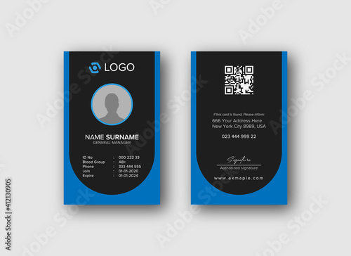 Modern ID Card Template with an author photo place | Office Id Card Layout blue and black Background | Employee Id Card for Your Business or Company