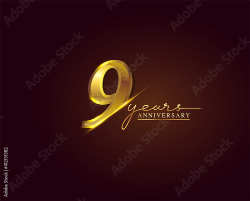 9 Years Anniversary Logo Golden Colored isolated on elegant background, vector design for greeting card and invitation card