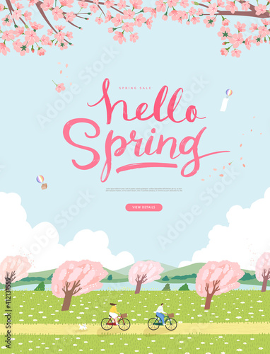 Spring sale template with beautiful flower. Vector illustration
