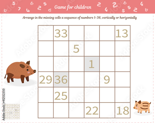  Logic game for children and adults. Place in empty cells horizontally and vertically a sequence of numbers from 1 to 36