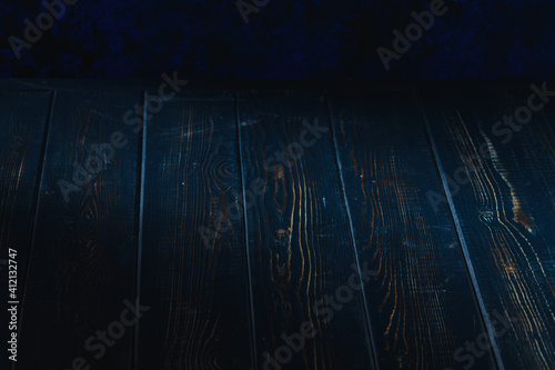 blue dark wood table background. Rustic style.