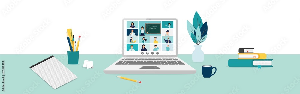 Home education concept. People study at home using a computer. Remote working. Video conference on laptop computer. Work from home and work from anywhere conceptVector illustration Home education concept. People study at home using a computer. Remote working. Video conference on laptop computer. Work from home and work from anywhere conceptVector illustration