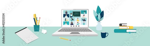 Home education concept. People study at home using a computer. Remote working. Video conference on laptop computer. Work from home and work from anywhere conceptVector illustration