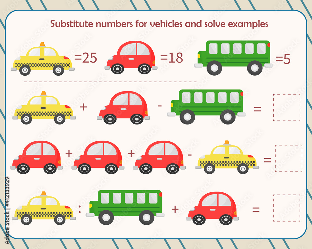 Math game for children. Replace transport with numbers and solve examples Math game for children. Replace transport with numbers and solve examples