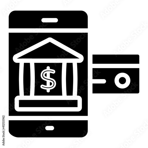 Bank building inside smartphone, mobile banking icon