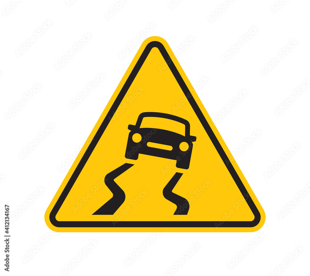 Vector triangle yellow sign danger. Caution, danger of skidding. Isolated on white background. Vector triangle yellow sign danger. Caution, danger of skidding. Isolated on white background.